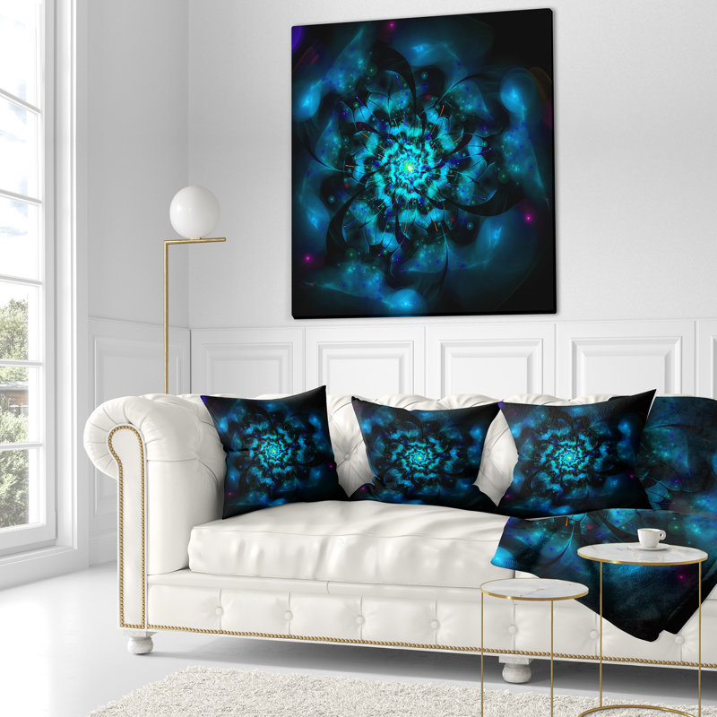 Fleur fractale parfaite en noir et bleu - coussin à imprimé floral, 18 po x 18 po, Coussin décoratif