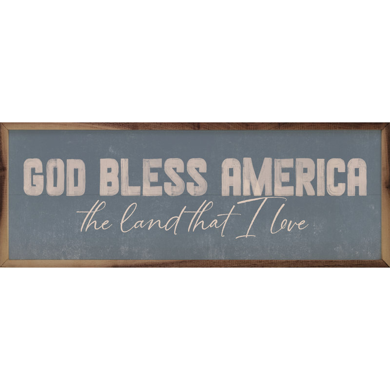 «God Bless America» bleu encadré sur bois, H 8 po x l 24 po