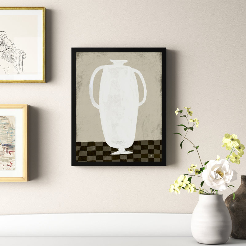 Chataignier White Vase - Painting on Paper, Cadre noir, H 20 po x l 16 po x P 1,25 po
