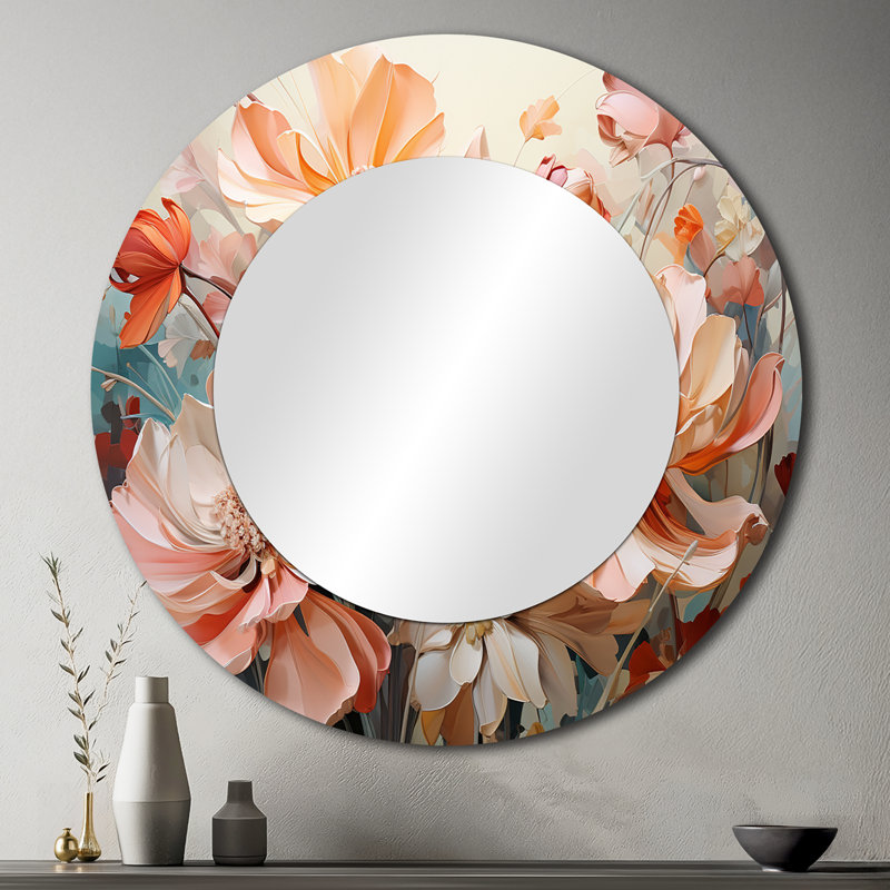 Chebanse Coral Petal Symphony I - Botanicals Wall Mirror, Modern Round Decorative Mirror, Printed Metal Art, 36" x 36"