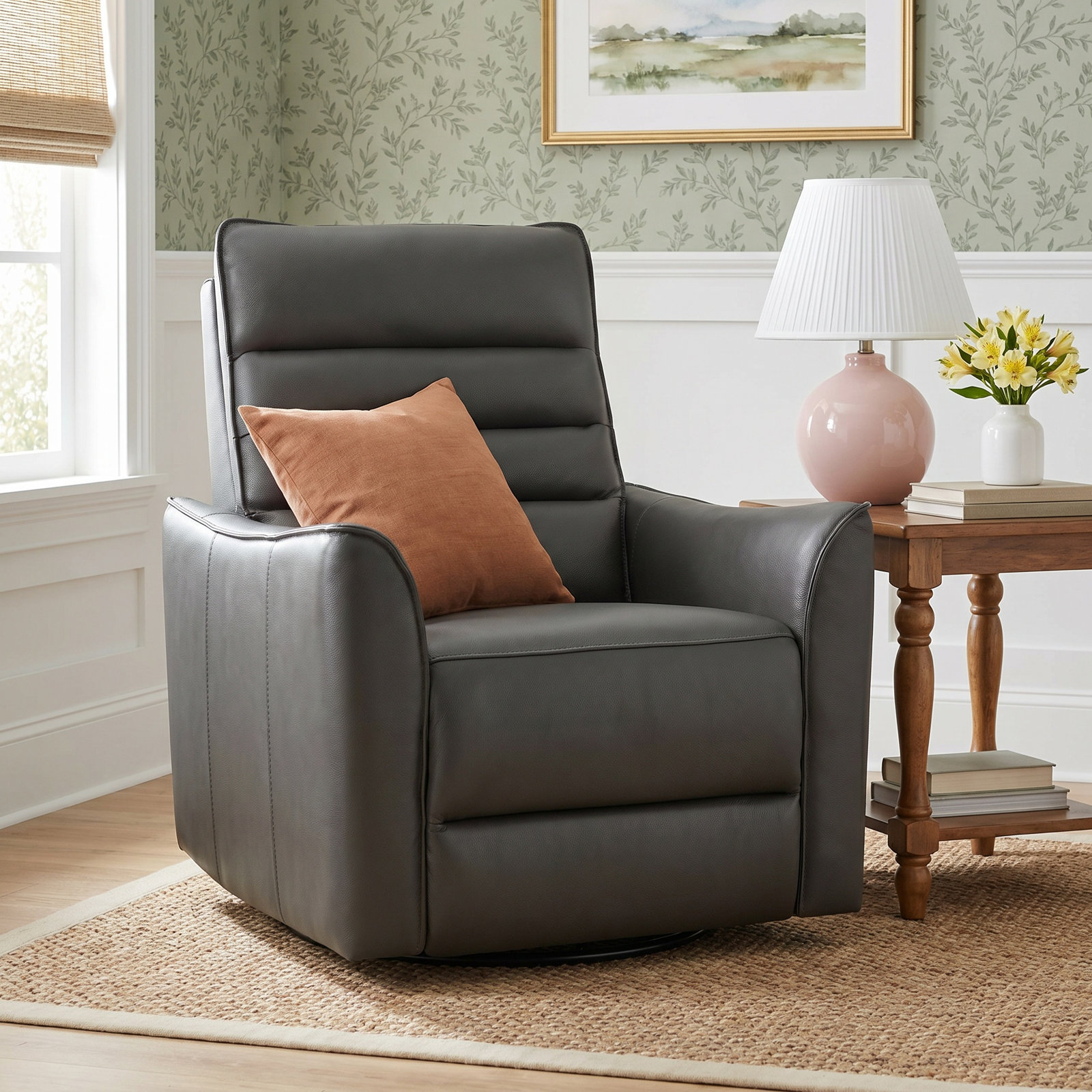 Gabi 33" Genuine Leather Swivel Power Recliner, Orange