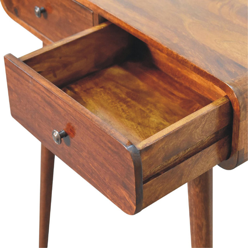 Table de couloir courbée en bois et châtaignier, 2 tiroirs, pieds nordiques, brun foncé