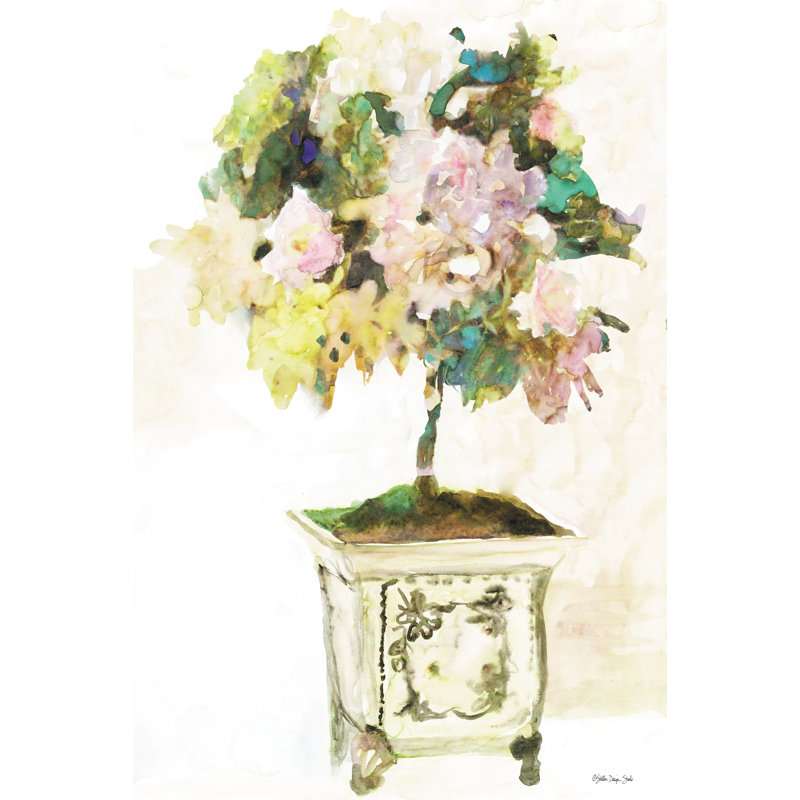 Topiaire dans un vase antique, H 48 po x l 32 po, Non, Papier avec cadre simple noir