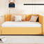 Lit de jour double rembourré avec lit gigogne, tissu en lin jaune, sans sommier, cadre en bois, lit gigogne en lin jaune, cadre, pour un plaisir à long terme-1146769972