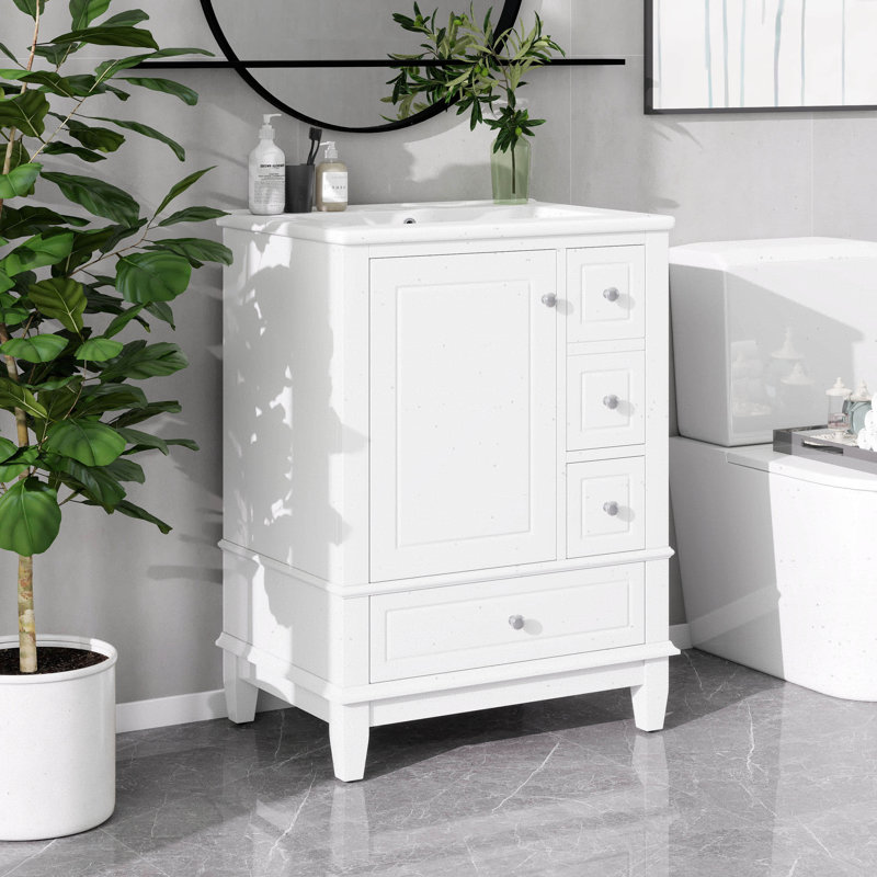 24" Bathroom Vanity With Sink, Single Vanity Set With 3 Drawers And One Door With Storage Racks, Wooden Storage Cabinet