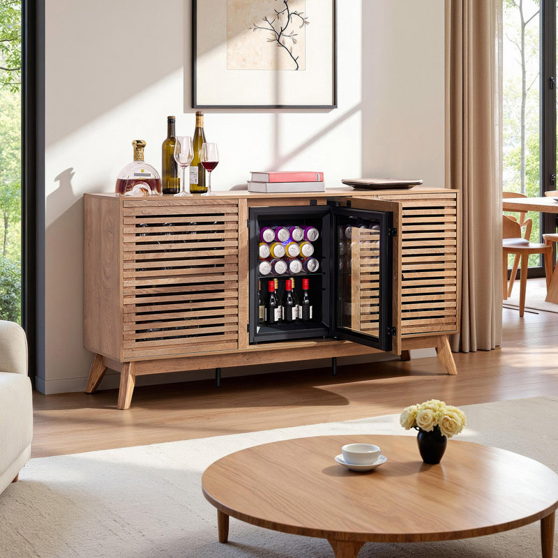 60" Mid-Century Coffee Bar Cabinet With Integrated Beverage Fridge, Adjustable Storage, Slatted Doors & Versatile Use, Brown