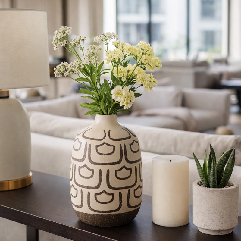 Modern Ceramic Table Vase with Pattern for Console Table - Decorative Tall Flower Vase for Shelves, Office, and Home Decor Accent - 10", Cream