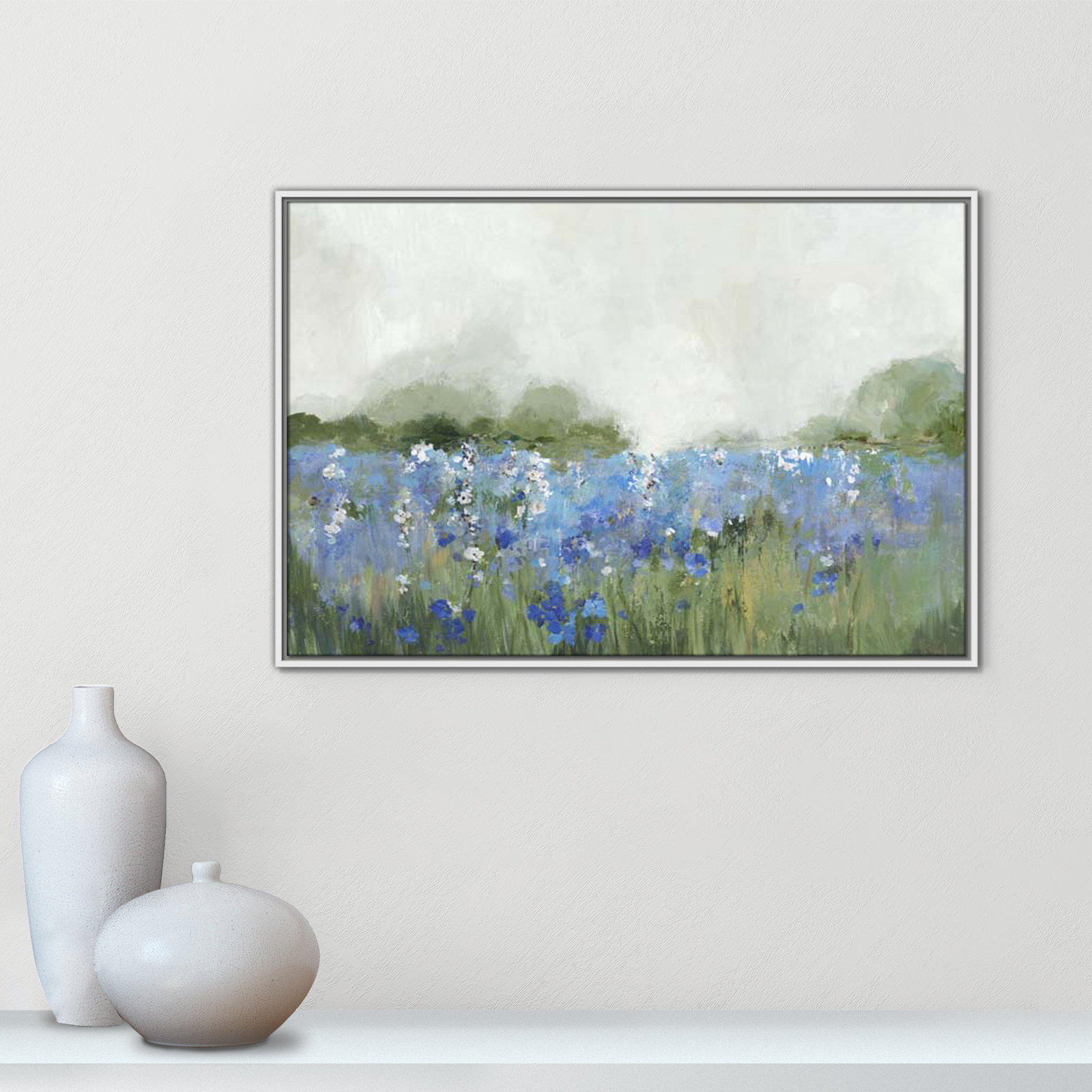 Meadows Bluebels Field "Meadows Bluebells Field" Print, 25.5" H x 37.5" W x 2" D, White Framed