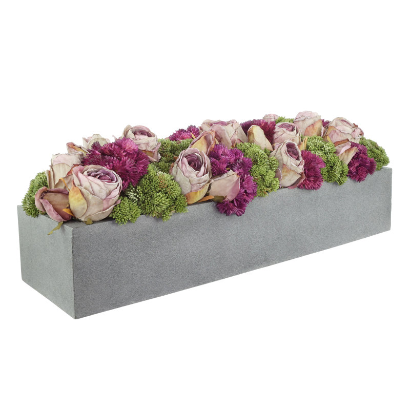 Assorted Sedum and Roses in Fiberstone Planter, 7" H x 19" W x 6" D, Gray