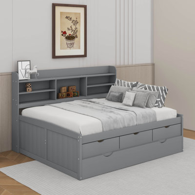 Full Size Wooden Captain Bed With Bookshelves, Drawers And Trundle