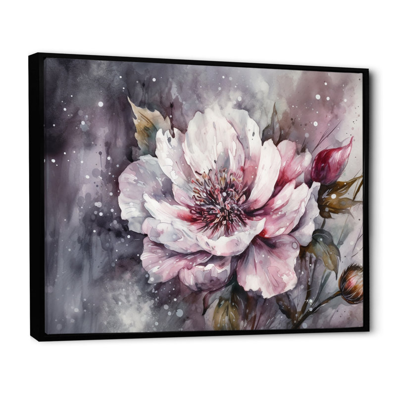 Pivoines roses et vertes sur une branche I - impression, H 24 po x l 32 po x P 1 po, Cadre flottant noir