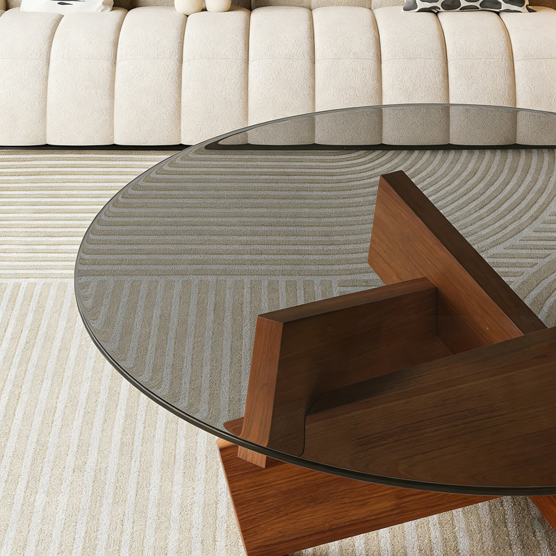 Table basse ronde moderne avec plateau en verre trempé et base en bois de noyer