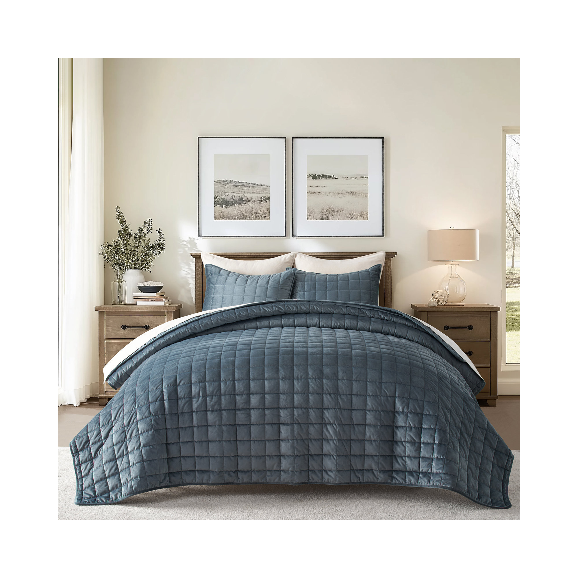 Box Stitch PearlVelvet Quilt set, Queen Quilt + 2 Standard Shams, Stormy Blue