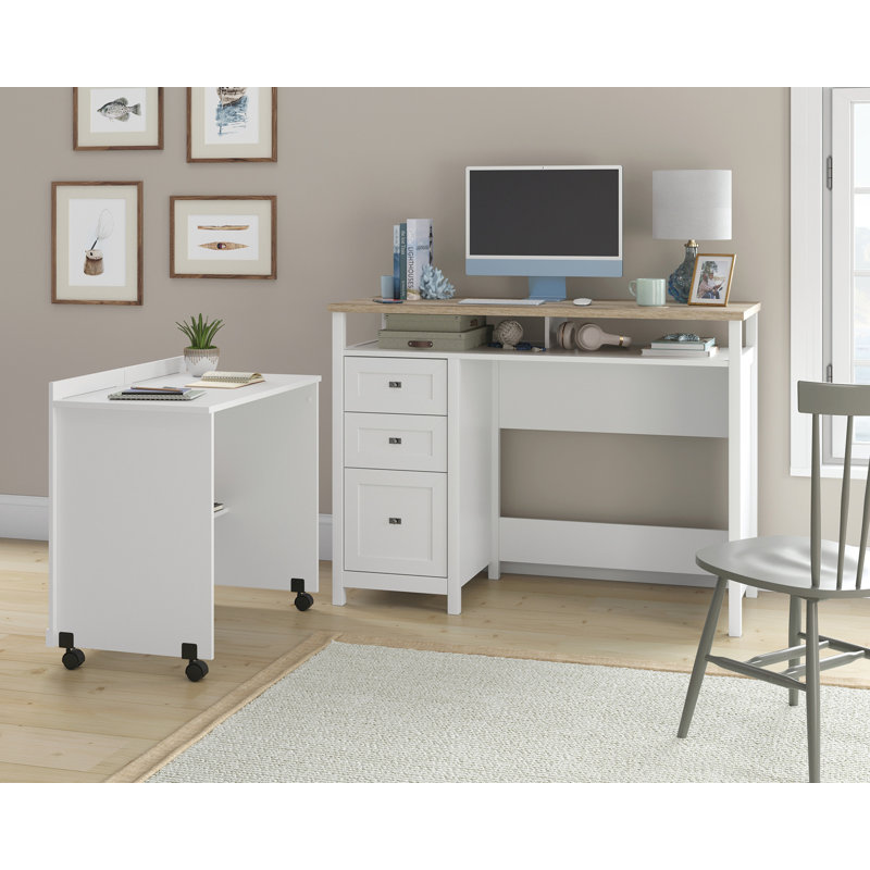White Wood Credenza Desk with Drawer and Filing Cabinet