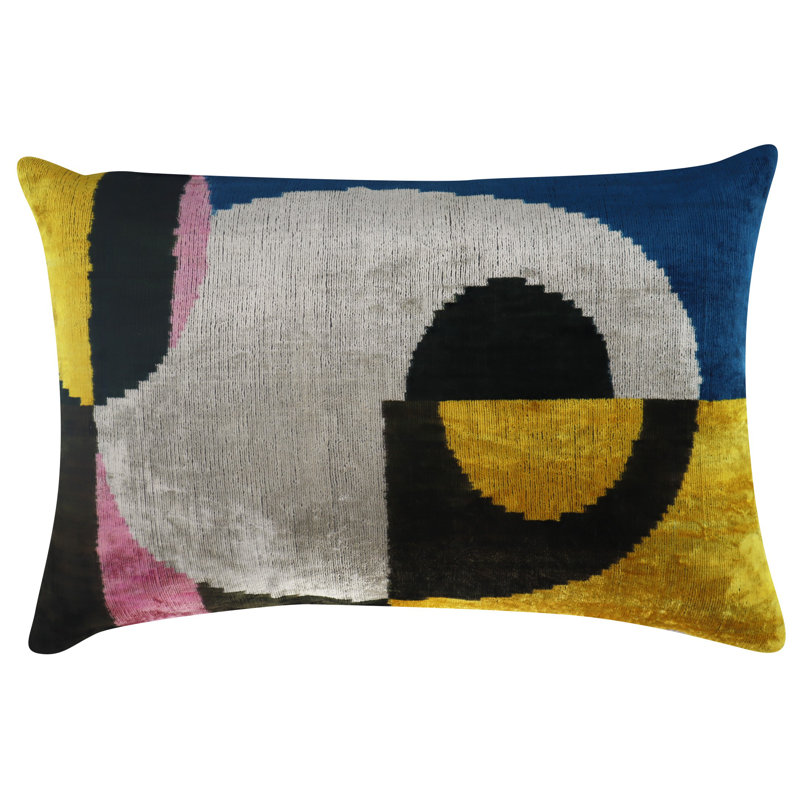 Velvet Lumbar Pillow Cover & Insert, Blue/Gray/Yellow Geometric 1