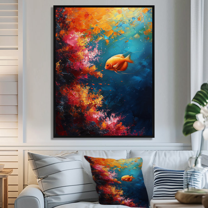 «Blue Orange Coral Marine Fish Life I» - décoration murale art corail, Brown Floater Framed, H 24 po x l 32 po