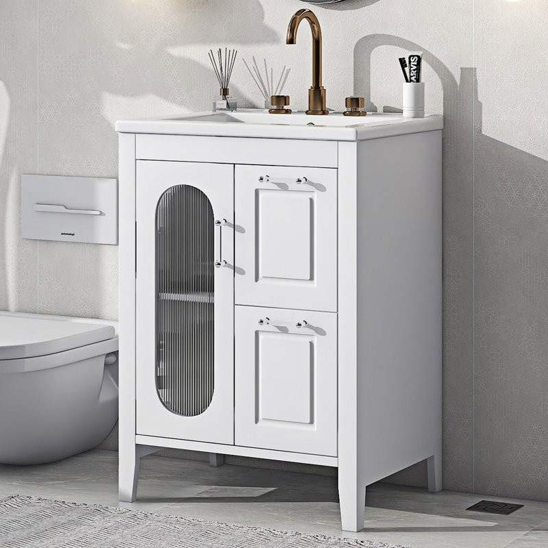 Meuble-lavabo simple 24 po avec plateau en céramique Lubertha, Blanc