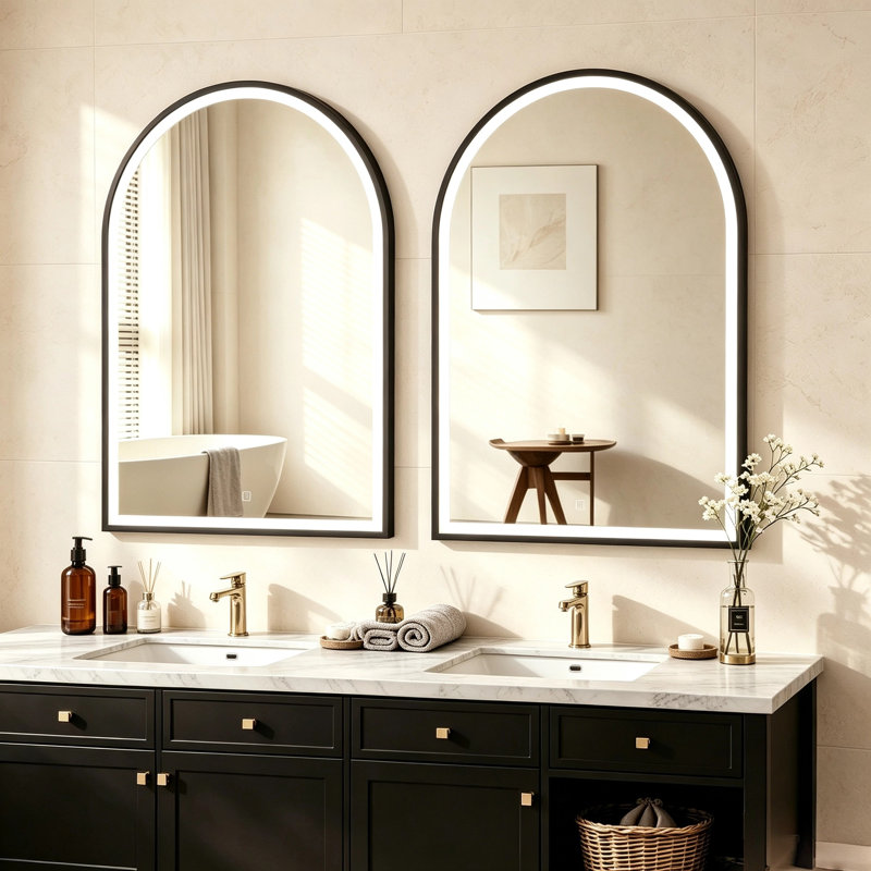 Miroir de salle de bain/coiffeuse arqué en métal avec éclairage DEL, Noir