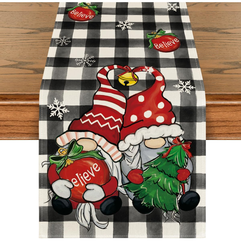Buffalo Plaid Gnome Bell Xmas Tree Christmas Table Runner, Seasonal Winter Kitchen Dining Table Decoration For Home Party Decor