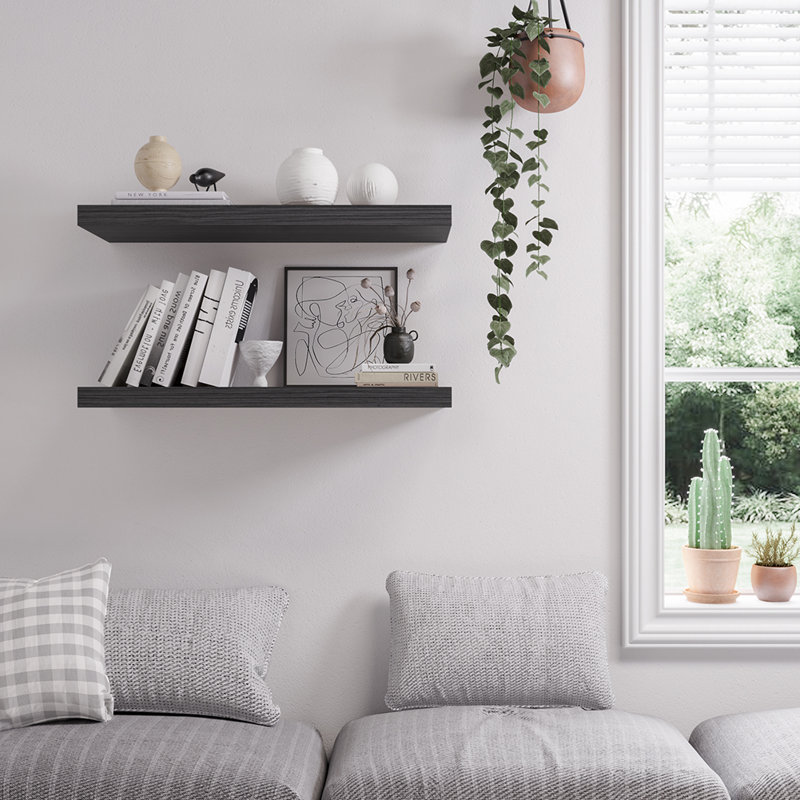  Large Floating Shelves for Wall Set of 2 Wooden Wall Shelves 24 in x 10 in x 1 in Room Decor Long Shelf with Invisible Wall Mount Bracket for Bedroom, Kitchen, Living Room, Walnut