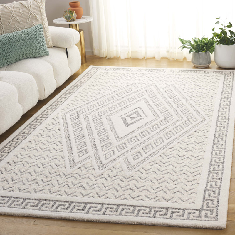 Mykonos 502 Hand Tufted Wool/Cotton Geometric Rug in Ivory/Gray, Rectangle 5' x 8'
