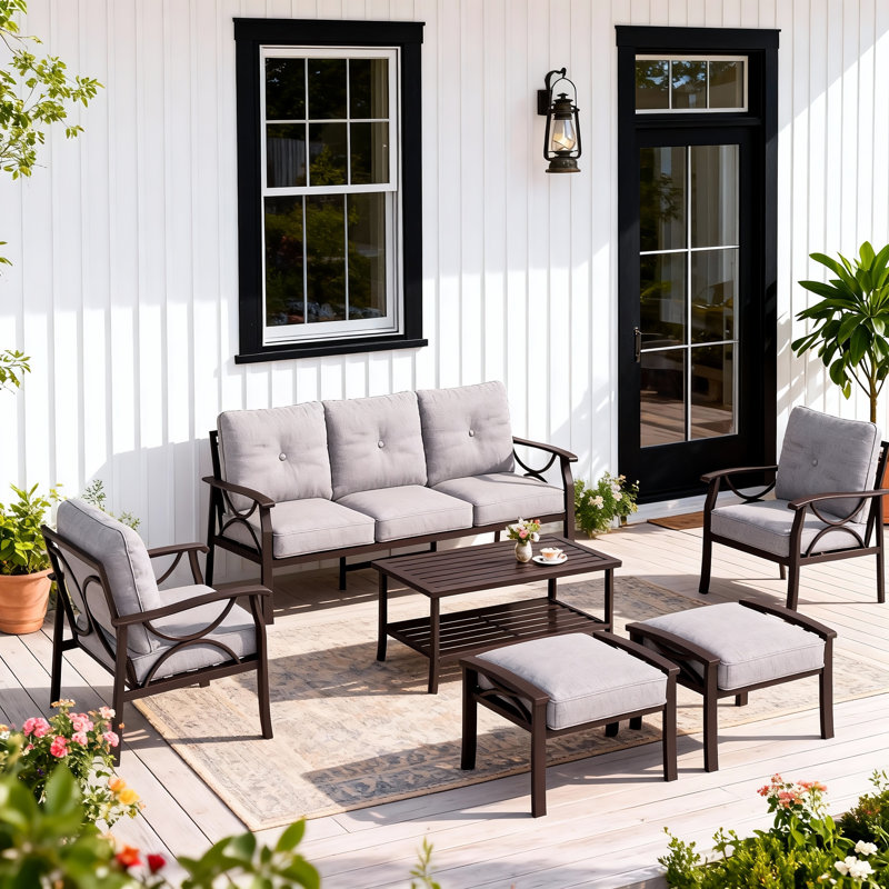Outdoor Furniture Set with Cushions, 7-Person All-Weather Metal Frame Patio Furniture Set, 6-Piece Outdoor Patio Set with Ergonomic Back Support