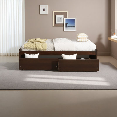 Twin Size Bed With 2 Drawers, Solid Rubber Wood Bed