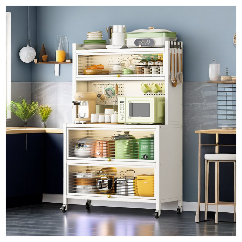 Étagère de boulanger de cuisine de 65 po de hauteur avec armoire à porte rabattable - 5 niveaux multifonctionnel, support pour micro-ondes, station de bar et armoire de rangement pour garde-manger, blanc