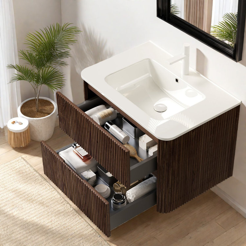 Meuble-lavabo flottant moderne avec lavabo blanc, finition rétro noyer, conception peu encombrante
