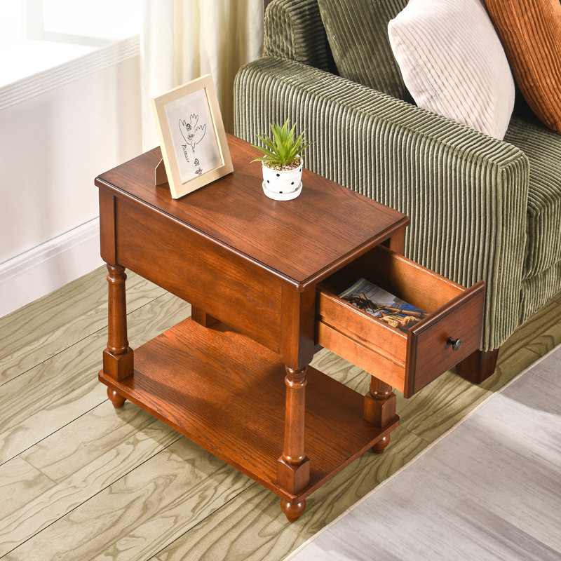 Wexford Collection Set of 2 Rectangular Solid Wood End Tables with Drawer and Storage Shelf, Mid-Century Modern Narrow Side Tables with 4 Legs for Living Room, Bedroom and Small Spaces Brown