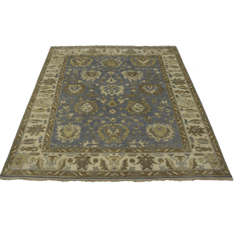 Tapis gris floral en laine noué à la main
