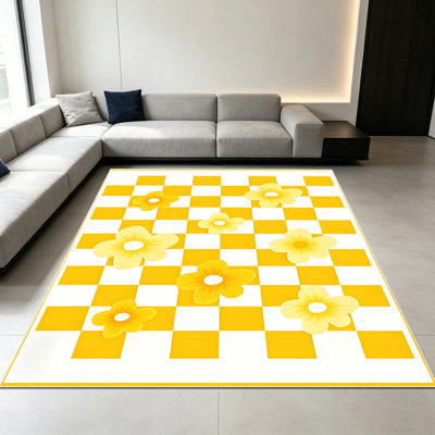 1PC Yellow Checkered Daisy Floral area rugs for Living Room, Soft, All seasons, Easy-maintain, Washable Indoor mat, Farmhouse suitable for dining room, bedroom, kitchen, entryway, home office, backyard patio, Home Decor, Outdoor Decor.