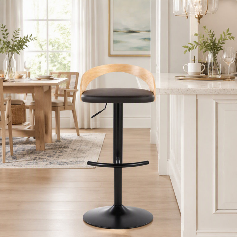 Tabouret de bar réglable avec pivot en métal noir, bois naturel et similicuir brun avec repose-pieds arrondi en T - ensemble de 3
