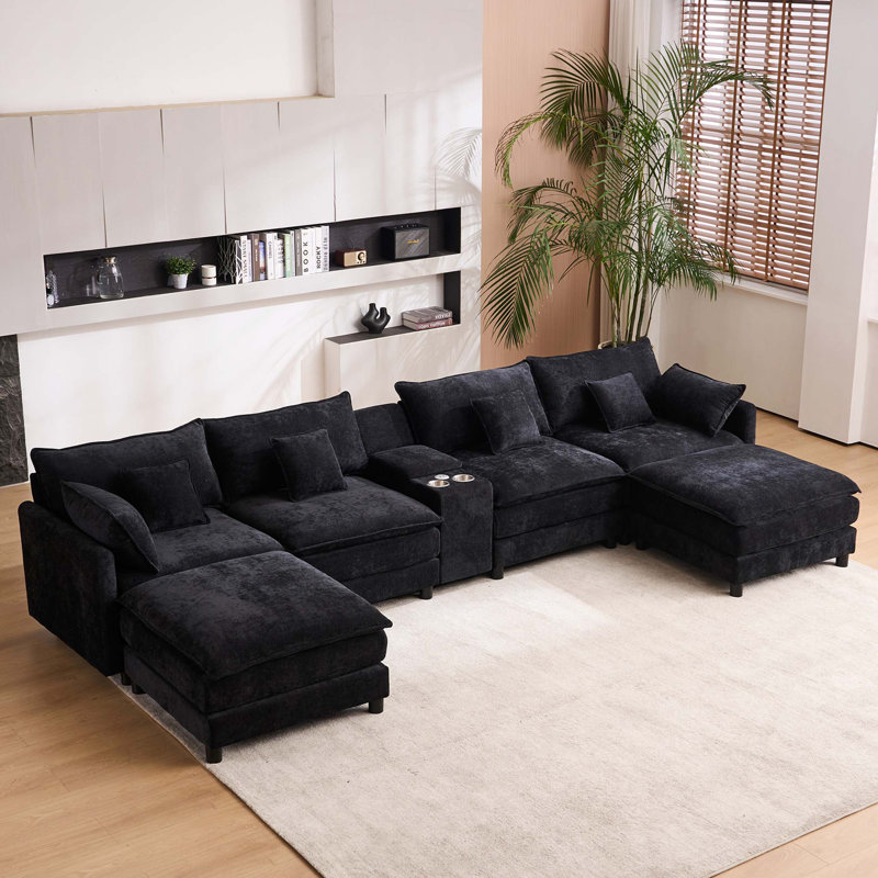 Ensemble de canapé 145 pièces de 145 pouces avec console centrale, table basse et 6 coussins, Noir
