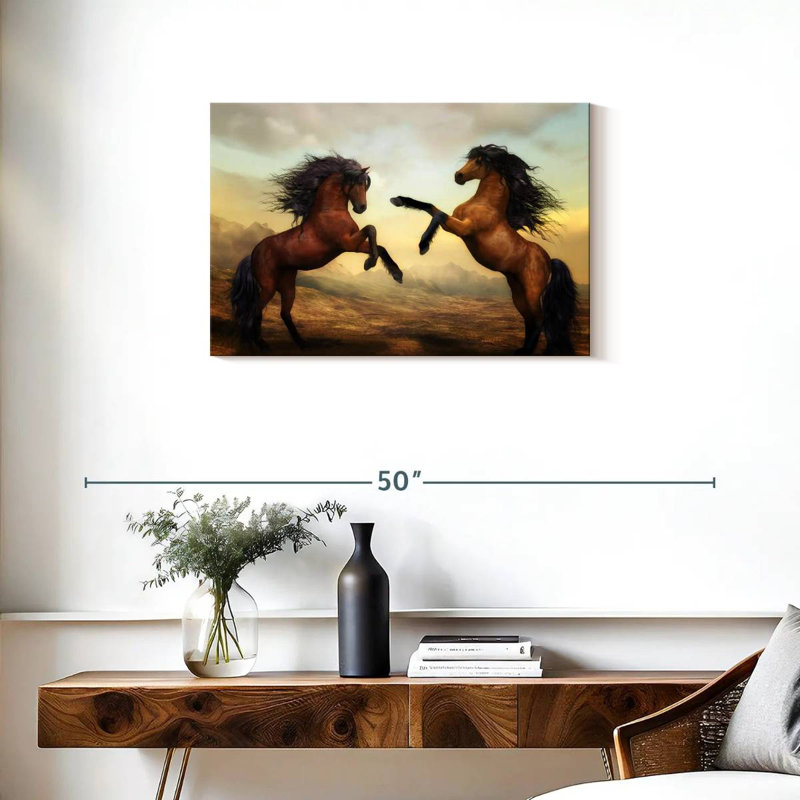Brampt se battant contre des chevaux bruns, H 20 po x l 30 po