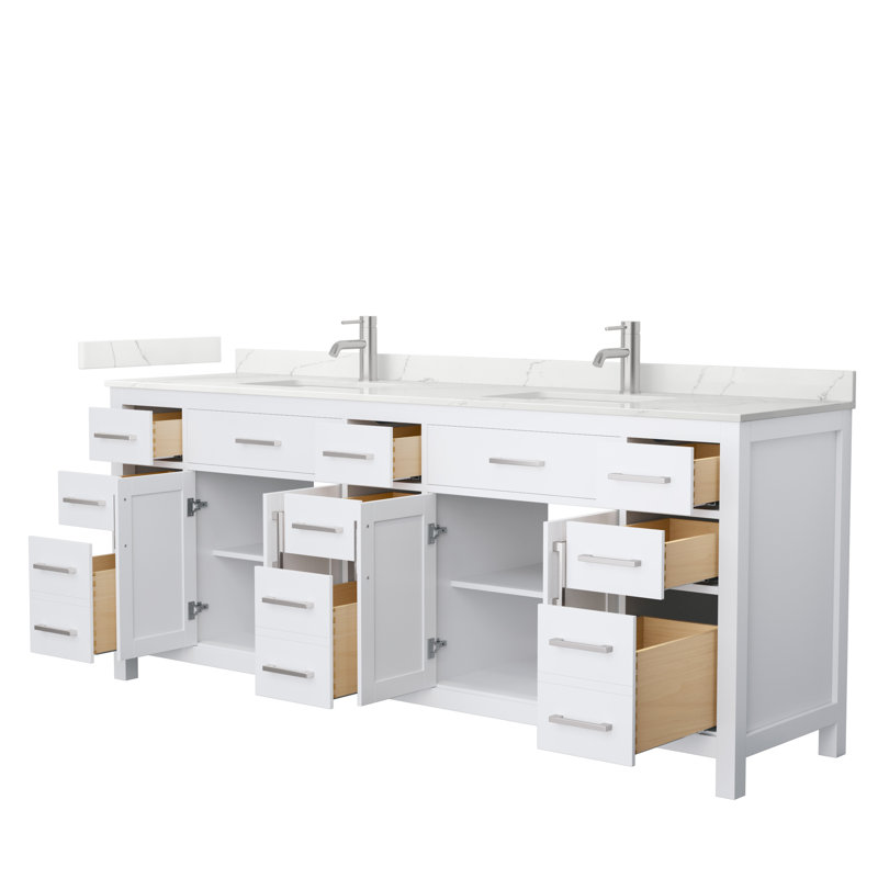 Beckett 84" Freestanding Double Bathroom Vanity with Quartz Top, White, Brushed Nickel, Giotto Quartz