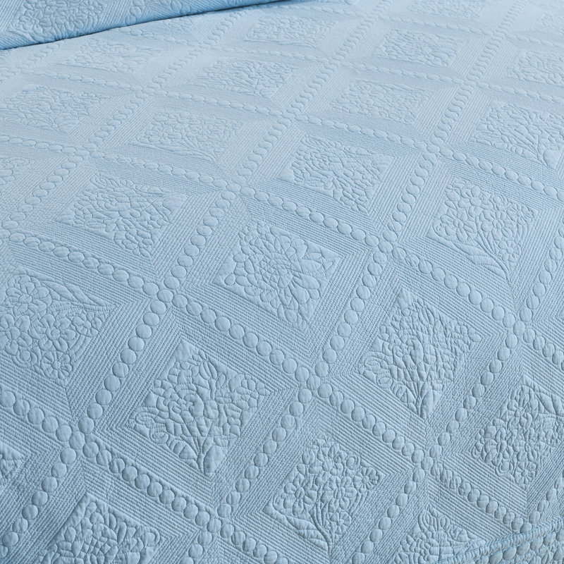 Light Blue Cotton Queen Reversible Bedspread Set