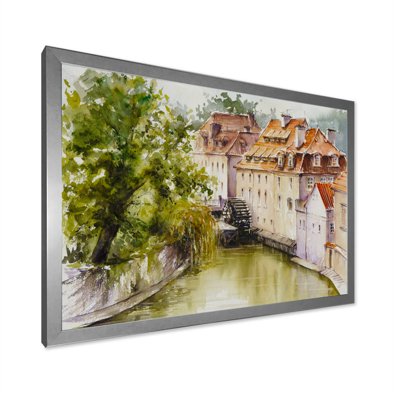 «Old Prague Watermill Over Chertovka River», reproduction d'art sur toile, H 12 po x l 20 po x P 1 po, Cadre photo argenté