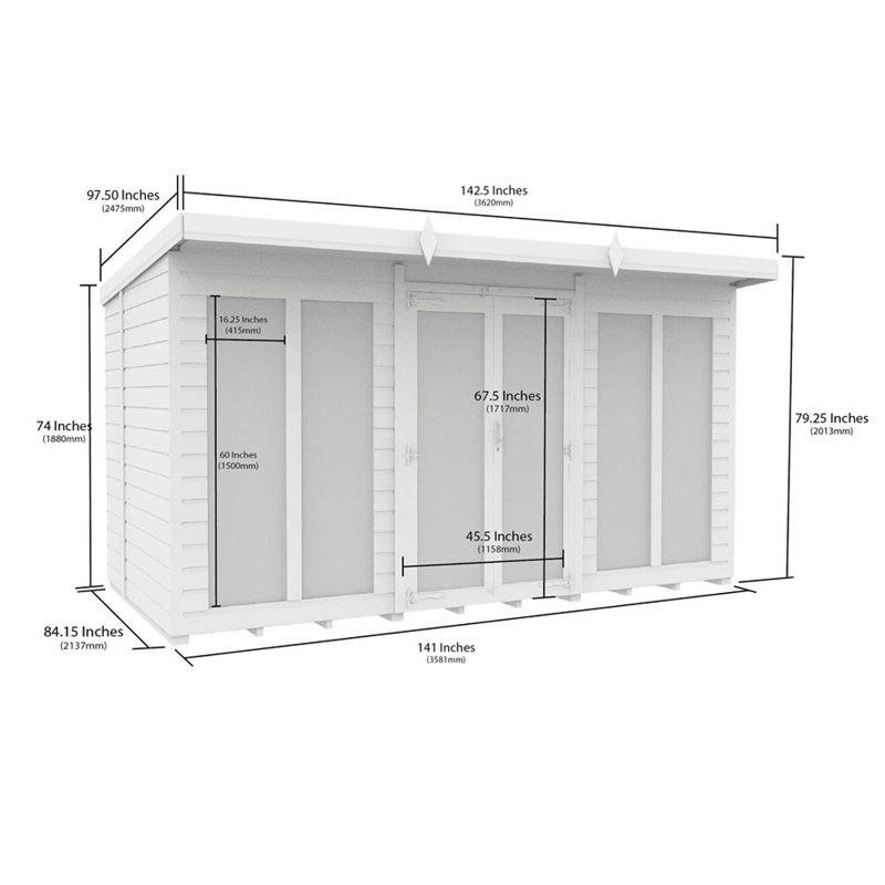Pent Summer House (Full Height Window), 201.3cm H x 362cm W x 213.7cm D