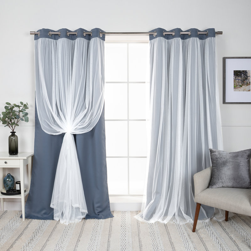 Fortuna Brockham Solid Tulle Overlay Room Darkening Grommet Curtain Panels, Stone, 52" W x 84" L