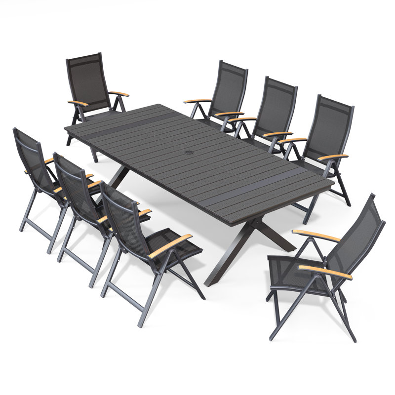 8-Person Aluminum Outdoor Dining Set With Folded Reclining Chairs And Umbrella Hole, Black