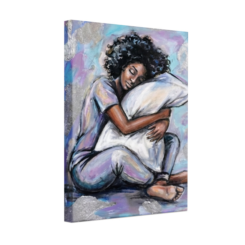 Abstrait, femme rêveuse avec coussin, H 18 po x l 12 po