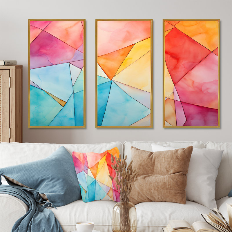«Pastel Color Geometric Ink Explosion I», art mural géométrique, Cadre flottant doré, H 28 po x l 36 po x P 1 po