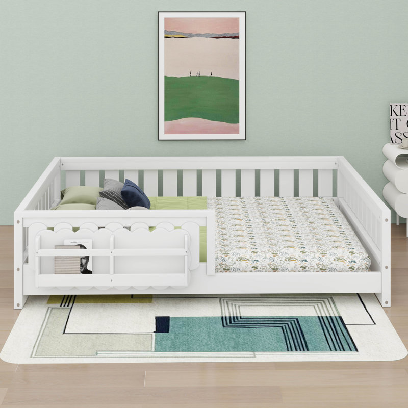 Lit avec étagères de rangement, cadre de lit plateforme en bois avec garde-corps de sécurité, Lit double, Blanc