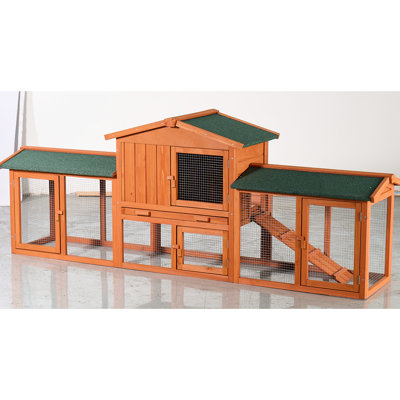Lapin en bois de sapin de haute qualité pour l'extérieur, style classique avec grande surface, toit en asphalte imperméable, plateau coulissant et petits lapins rampe (brun et cage, grande rampe en bois, design)