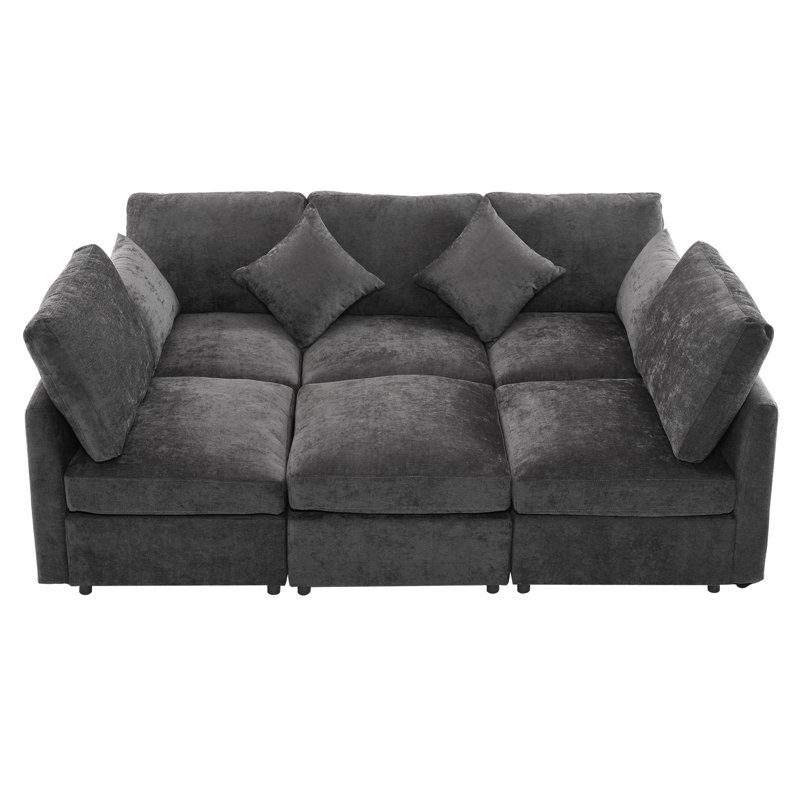 Canapé-lit modulaire rembourré 6 pièces Virelle, Chenille noir