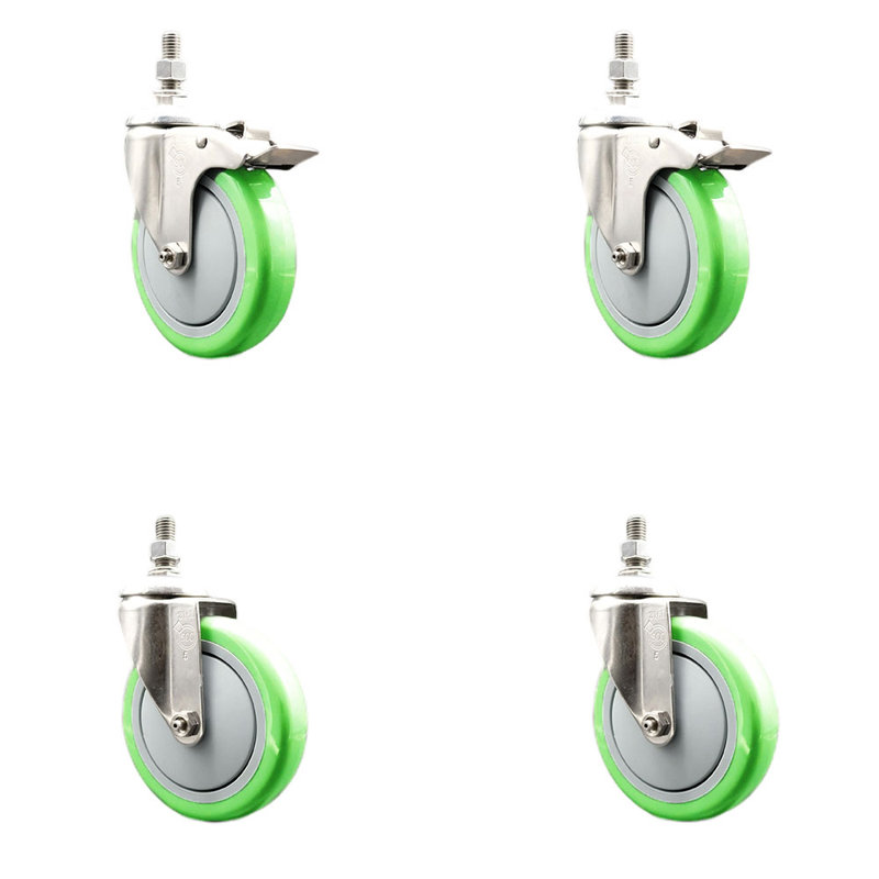5 Inch 316SS Green Polyurethane ½ Inch Threaded Stem Caster Set 2 Lock Brake SCC