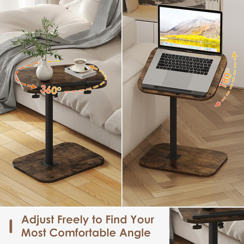 Table d'appoint à hauteur réglable en forme de C avec plateau pivotant à 360 ° et plateau inclinable