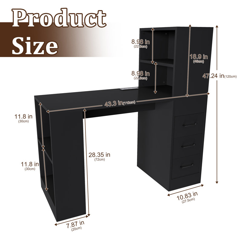 Bureau d'ordinateur avec prise électrique, bureau avec 3 tiroirs coulissants et 4 niveaux de rangement