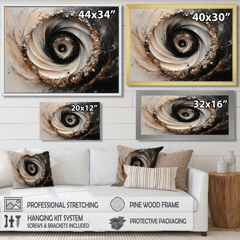 Encre cosmique spirale de rêve III - art mural transitionnel, H 28 po x l 60 po, Cadre flottant, Noir, noir, noir, noir